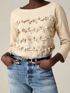 J. Crew Beige Long Sleeve Sequin Stripe Mariner Top